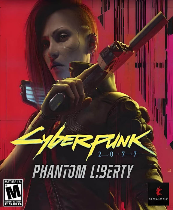 The cover art for Cyberpunk 2077: Phantom Liberty, showcasing a cyber-enhanced female character with a mohawk holding a futuristic pistol against a red, glitchy background. This DLC expansion adds new story elements and gameplay enhancements. Purchase your Cyberpunk 2077 Phantom Liberty DLC key now at RushGame.co