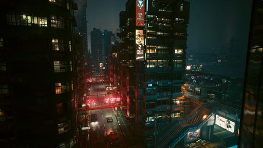 Cyberpunk 2077 Xbox One Gameplay – Neon Cityscape – A futuristic urban night scene from Cyberpunk 2077, depicting towering apartment buildings adorned with bright neon advertisements and holograms. The dimly lit streets below show signs of activity, reflecting the immersive cyberpunk aesthetic. Get the game key now at RushGame.co