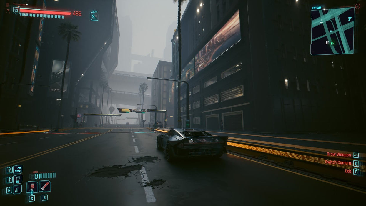 Cyberpunk 2077 Xbox One Gameplay – Driving Through a Foggy City – A player navigates a futuristic vehicle through the misty streets of Night City, with towering skyscrapers and electronic billboards glowing in the background. The gritty cyberpunk atmosphere comes alive with realistic environmental effects. Buy the Xbox One CD key at RushGame.co