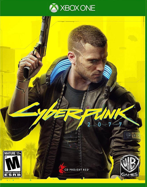 Cyberpunk 2077 Xbox One Cover Art – The official cover art for Cyberpunk 2077 on Xbox One, featuring V, the main protagonist, holding a pistol with a cybernetic hand. The background is a bright yellow, with the Cyberpunk 2077 logo in bold neon blue. Available for purchase at RushGame.co