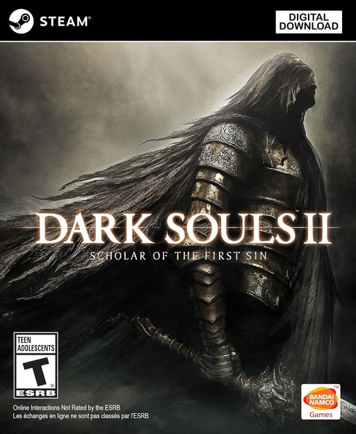 Cover art for Dark Souls II: Scholar of the First Sin (PC Steam), featuring a mysterious cloaked warrior wielding a massive sword. Get your digital game key instantly at RushGame.co and embark on an unforgiving adventure