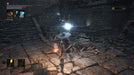 Gameplay screenshot: A sorcerer clad in blue robes unleashes a powerful magic attack against undead enemies in Dark Souls III. Enhance your arsenal—get your Dark Souls III Deluxe Edition PC key from RushGame.co!