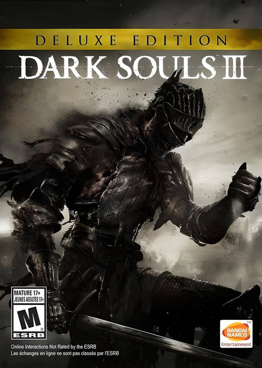 Dark Souls III Deluxe Edition cover art, featuring a fearsome, battle-scarred knight engulfed in ashes. Get your Deluxe Edition Steam CD Key now at RushGame.co