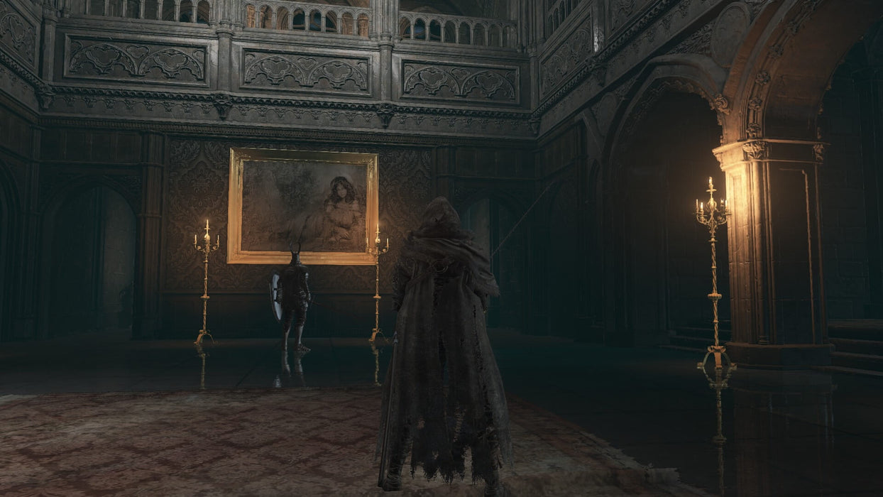 Gameplay screenshot: A dark-robed knight enters a grand, gothic chamber, facing a mysterious figure standing near a haunting portrait in Dark Souls III. Unravel the mysteries of Lothric—buy your Steam key at RushGame.co