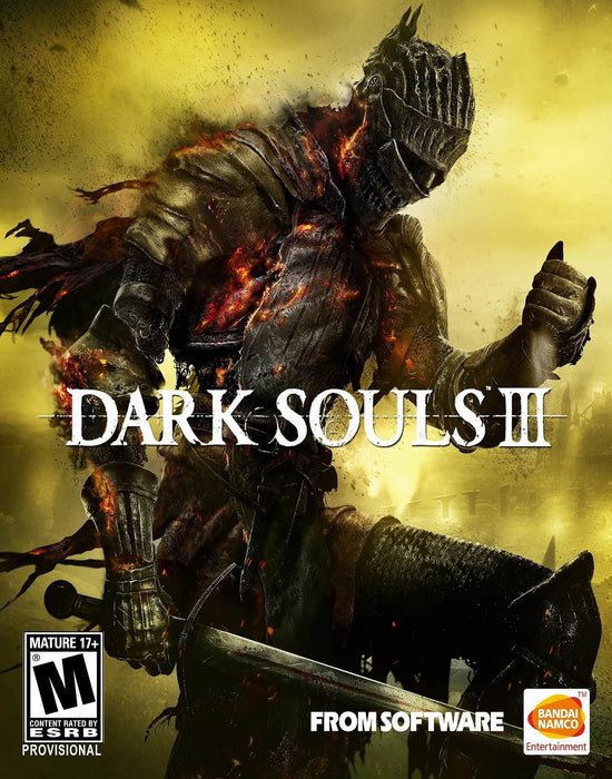 The cover art for Dark Souls III on PC (Steam), featuring a battle-worn knight engulfed in embers against a fiery yellow backdrop. Secure your Dark Souls III Steam key today at RushGame.co!"