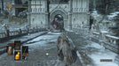 Dark Souls III - Gameplay screenshot Player Facing a Monster on a Frozen Bridge: A lone warrior approaches a fearsome beast on a snow-covered bridge leading to a grand castle, preparing for an intense battle. Get your Dark Souls III CD Key for Steam at RushGame.co and embark on a dark adventure