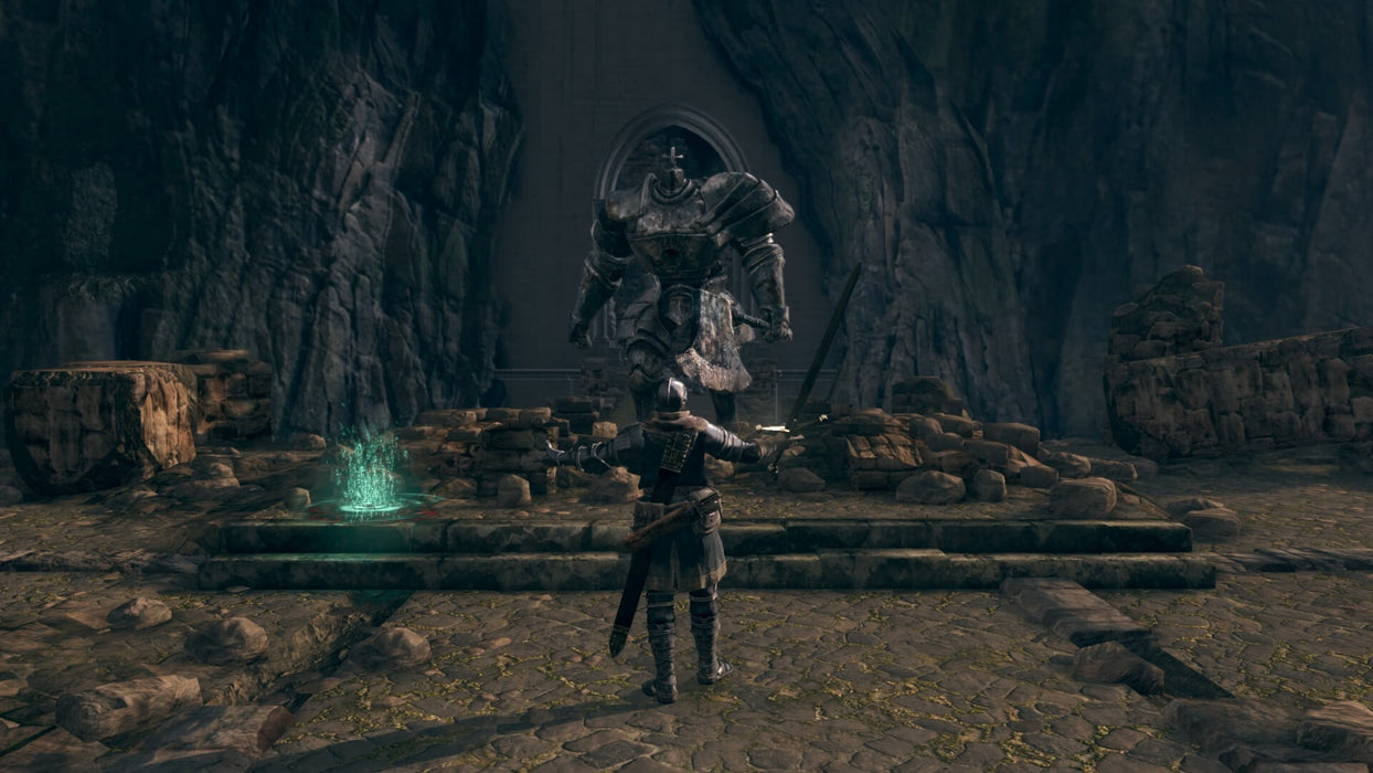 Dark Souls Remastered PC Gameplay – Giant Boss Encounter – A heavily armored knight faces a towering, headless stone giant in an ancient courtyard. The scene captures the intense boss battles of Dark Souls Remastered, where strategy and patience are key. Get your Steam CD Key now at RushGame.co
