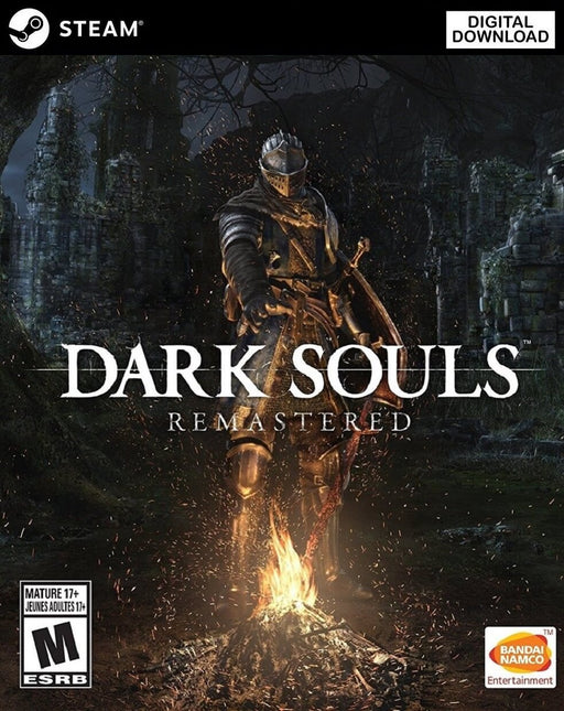 Dark Souls Remastered PC Steam CD Key Cover – The official cover art for Dark Souls Remastered on PC Steam, featuring a knight in full armor standing before a bonfire, his sword resting in the flames. The dark fantasy setting is enhanced by ruins in the background. Buy Dark Souls Remastered CD Key for Steam at RushGame.co for an epic action RPG experience