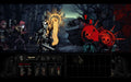 Gameplay screenshot: A battle scene from Darkest Dungeon, showing a Crusader character wielding a sword and raising a glowing scroll while dealing critical damage to undead enemies. The game’s dark and gothic aesthetic is highlighted in this intense combat moment. Available at RushGame.co