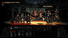 Gameplay screenshot: A tense battle in Darkest Dungeon, taking place in an eerie, blood-red-lit circus environment. A group of four heroes faces off against sinister, twisted humanoid enemies in an arena-style encounter. Get your game key at RushGame.co