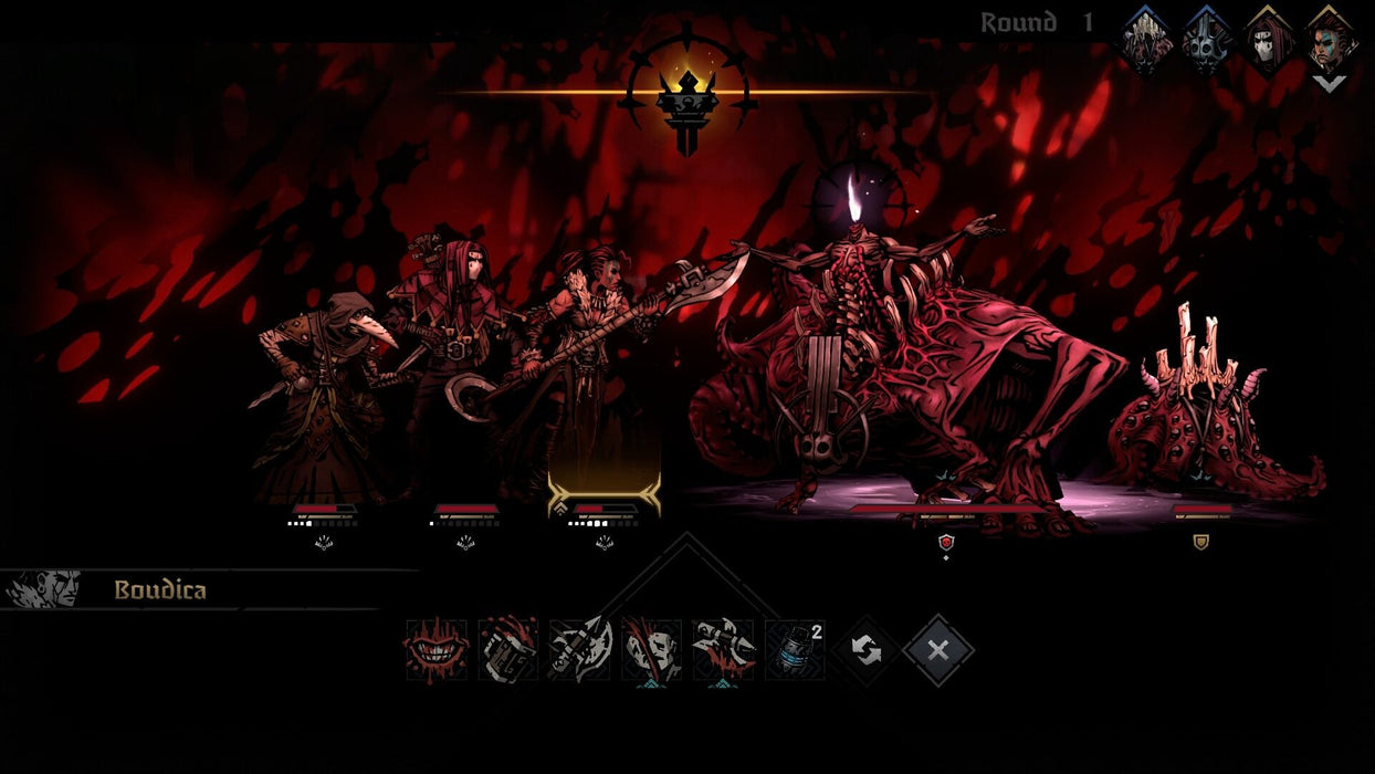 Darkest Dungeon II PC Steam CD Key - Screenshot 2
A haunting combat sequence in Darkest Dungeon II, where a group of adventurers battles a grotesque eldritch abomination under a crimson-hued sky. Get your game key today at RushGame.co and challenge the horrors of the abyss