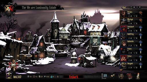 Darkest Dungeon PC GOG Gameplay - Winter Estate – A snowy version of the estate in Darkest Dungeon, depicting a cold and foreboding atmosphere. The player's roster of heroes is displayed on the right, with key resources at the bottom. Buy Darkest Dungeon PC GOG CD Key at RushGame.co