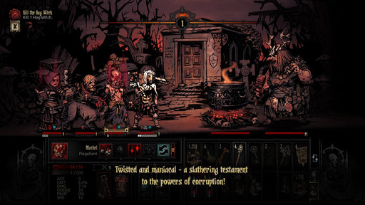 gameplay screensot A grim party battles a monstrous hag in Darkest Dungeon, emphasizing the game's intense turn-based combat and stress mechanics. Get your Steam CD Key from RushGame.co and test your resolve