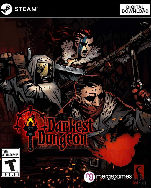 Darkest Dungeon Steam cover art, featuring a band of gothic adventurers prepared to descend into madness. Buy your Darkest Dungeon Steam CD Key at RushGame.co and challenge the abyss