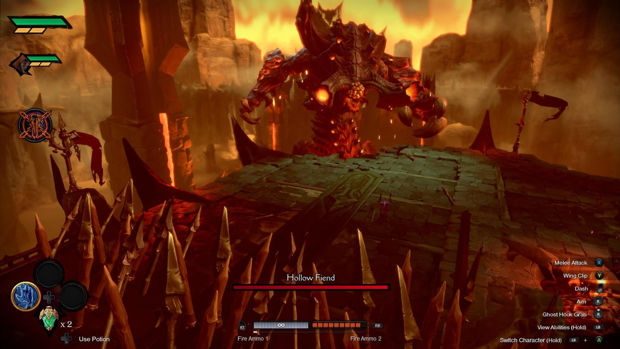 Gameplay screenshot Boss fight scene from Darksiders Genesis on PC Steam, showcasing an epic confrontation with the colossal Hollow Fiend. The fiery backdrop enhances the intensity of this battle. Buy your Darksiders Genesis PC CD Key now at RushGame.co for an unforgettable action RPG experience!