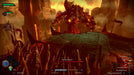 Gameplay screenshot Boss fight scene from Darksiders Genesis on PC Steam, showcasing an epic confrontation with the colossal Hollow Fiend. The fiery backdrop enhances the intensity of this battle. Buy your Darksiders Genesis PC CD Key now at RushGame.co for an unforgettable action RPG experience!