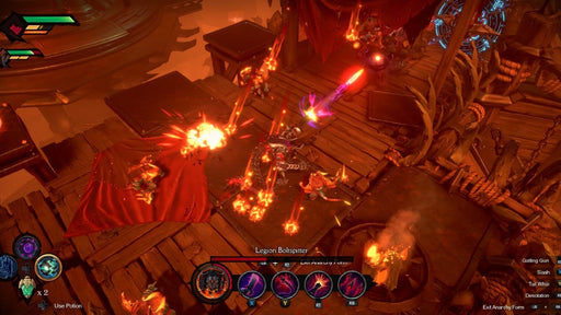 Action-packed combat scene from Darksiders Genesis on PC Steam, featuring a fiery battle against the Legion Boltspitter. The protagonist unleashes devastating attacks in a dark, infernal environment. Purchase your Darksiders Genesis PC CD Key now at RushGame.co for an intense hack-and-slash adventure