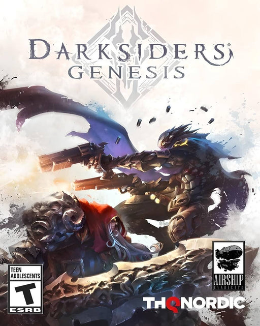 The cover art of Darksiders Genesis for PC Steam, featuring War and Strife in a dynamic pose, ready for battle. Developed by THQ Nordic and Airship Syndicate, this game delivers an intense cooperative action experience. Get your Darksiders Genesis PC CD Key at RushGame.co today