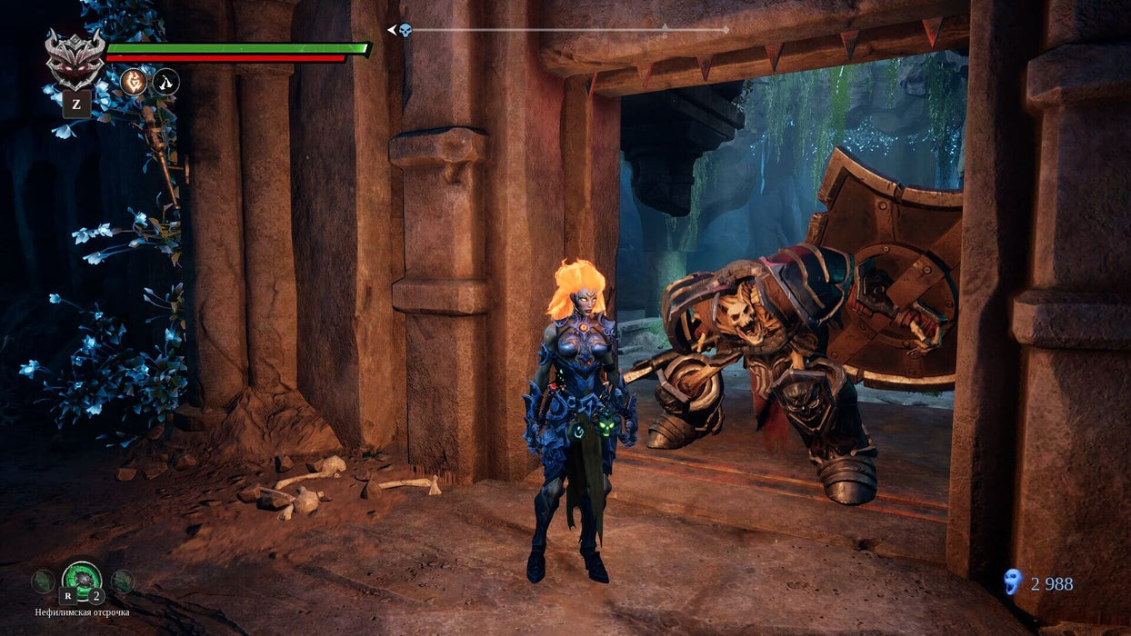 Darksiders III XBOX gameplay screenshot – Fury and enemy – In-game screenshot from Darksiders III on XBOX, showcasing Fury standing in a dark dungeon alongside a skeletal warrior with a shield. Explore intense battles with your digital game key from RushGame.co