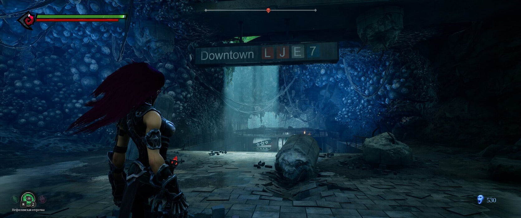 Darksiders III XBOX gameplay – Downtown LJE 7 location – A deep underground environment from Darksiders III, featuring Fury navigating an abandoned subway tunnel. Get your digital XBOX key instantly at RushGame.co