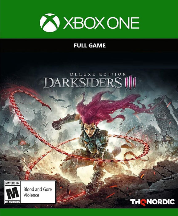 Darksiders III Deluxe Edition XBOX One XBOX Series X/S cover art – The cover art for Darksiders III Deluxe Edition on XBOX One and XBOX Series X/S. Featuring the protagonist Fury wielding her deadly whip in a post-apocalyptic battle. Buy your digital game key now at RushGame.co