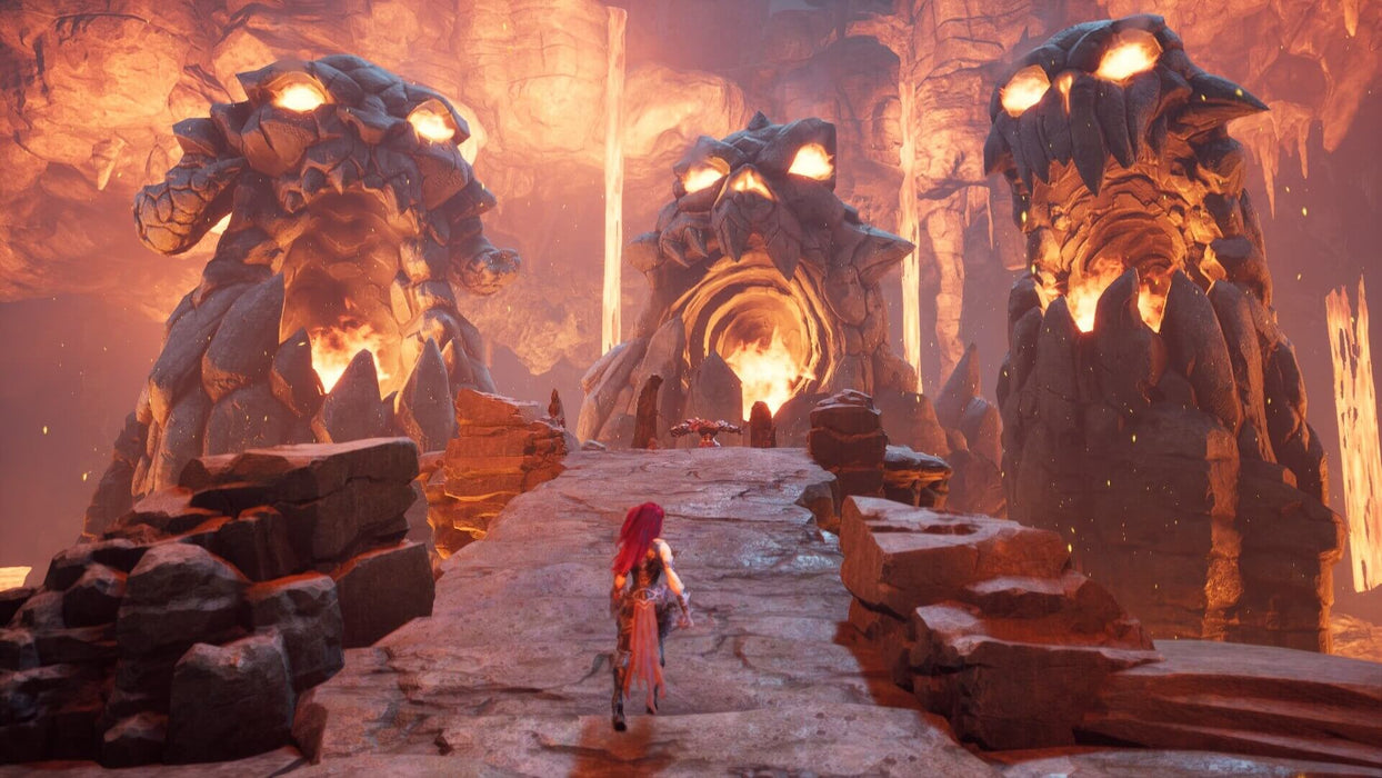 Gameplay screenshot: A dramatic moment in Darksiders III on Xbox, showcasing Fury exploring a fiery domain filled with molten lava and monstrous stone statues with glowing eyes. Purchase your Xbox game key for Darksiders III instantly at RushGame.co