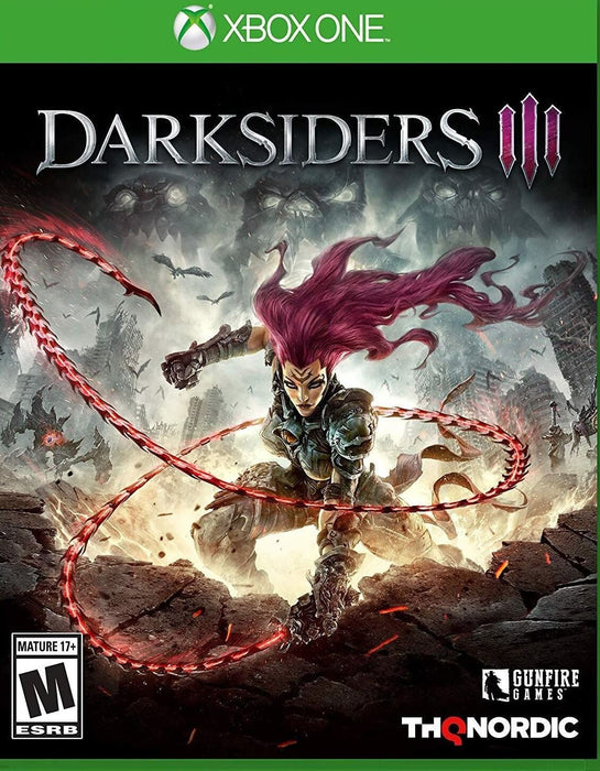 Official cover art for Darksiders III on Xbox One and Xbox Series X|S, featuring Fury wielding her deadly chain whips in a post-apocalyptic battleground. Buy your Darksiders III Xbox digital key instantly at RushGame.co