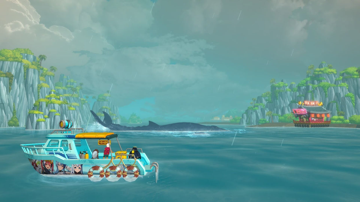 Gameplay screenshot: A scenic shot of Dave the Diver’s boat sailing across a vast ocean with a whale emerging from the depths. Get your Steam CD Key today at RushGame.co and dive into the ultimate underwater experience!