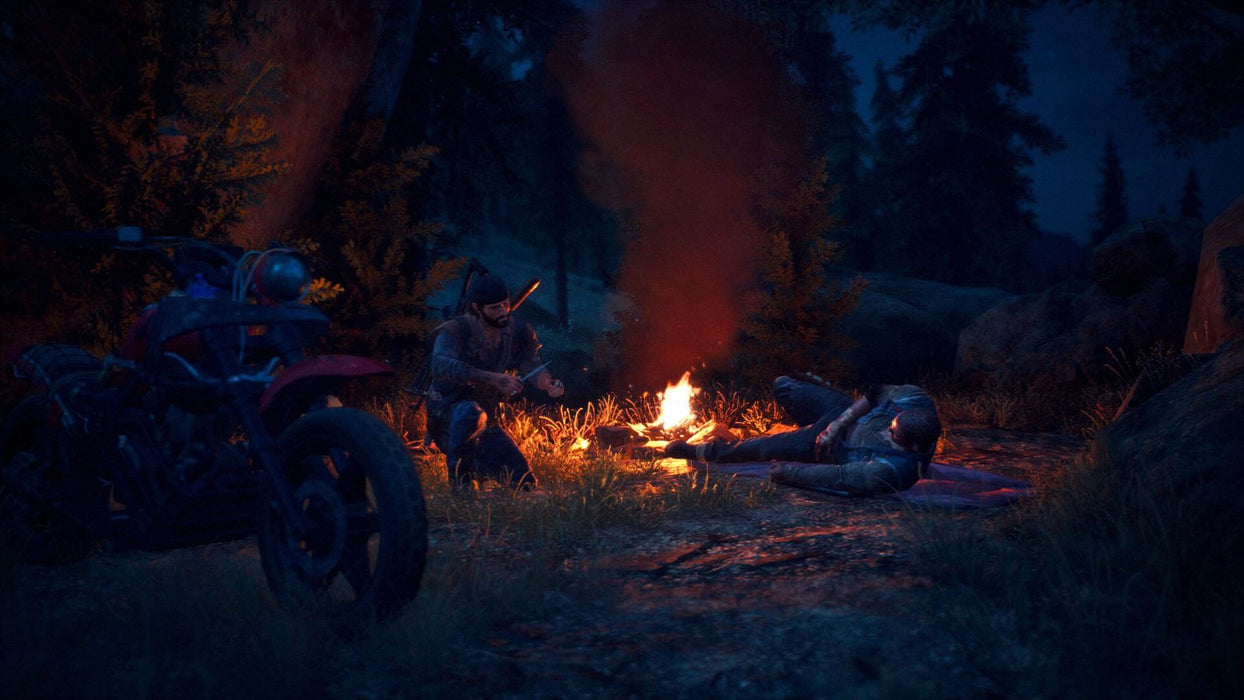 gameplay screenshot:  A survival moment in Days Gone, where Deacon warms up by a campfire with his injured companion in a dark forest. Buy your digital Steam key at RushGame.co