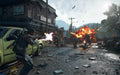 gameplay screenshot: An explosive battle scene in Days Gone, with Deacon firing at approaching Freakers as chaos erupts in a devastated town. Get your Steam CD key now at RushGame.co