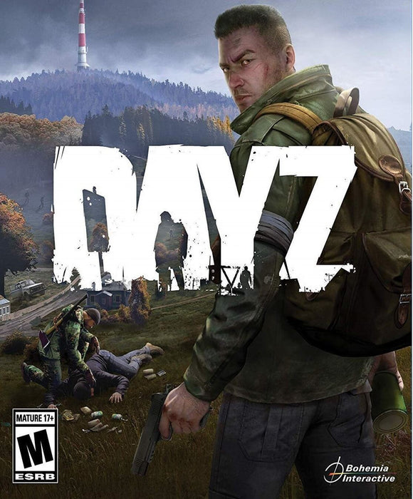 The cover art for DayZ PC Steam CD Key, featuring a rugged survivor holding a pistol, standing against a backdrop of a post-apocalyptic landscape with distant zombies. The title "DayZ" is prominently displayed in large, distressed white text, emphasizing the game's survival horror theme. Available for purchase at RushGame.co