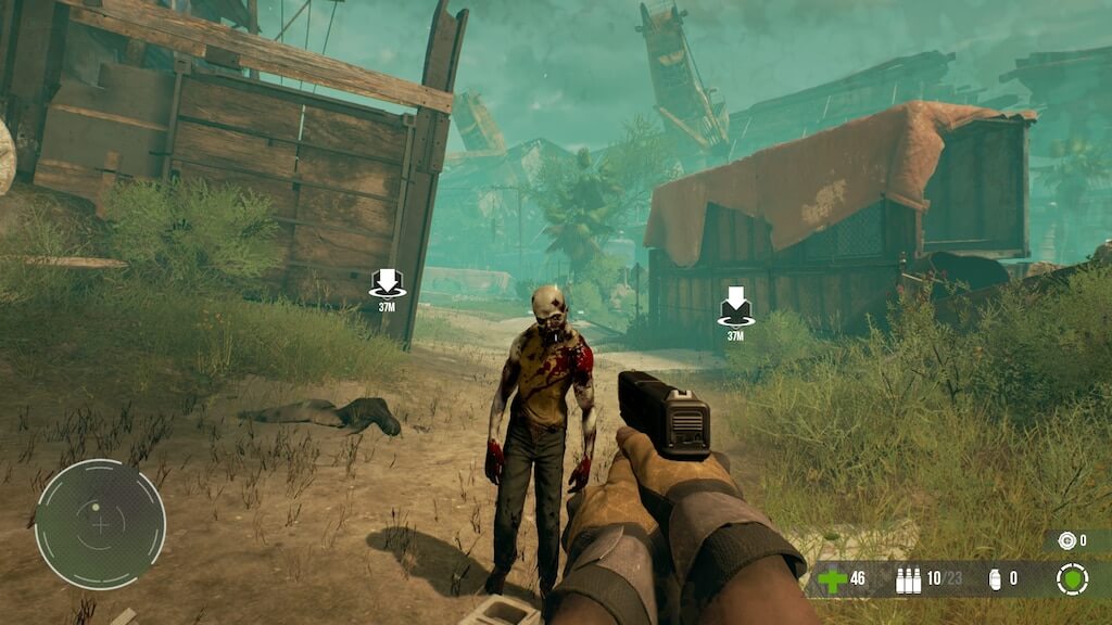 gameplay screenshot: In-game action from Dead Alliance, depicting a player aiming a pistol at an infected enemy in a decayed settlement, with mission markers visible on the HUD. Secure your Dead Alliance Xbox One and Series X|S key at RushGame.co