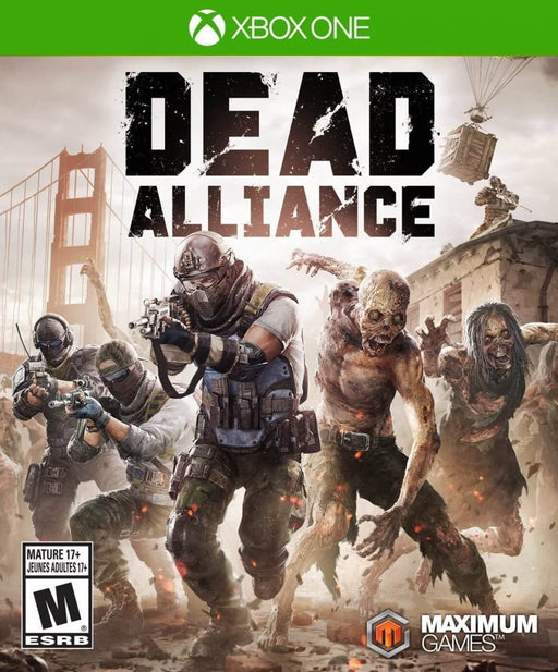 Cover art for Dead Alliance on Xbox One and Xbox Series X|S, showcasing heavily armed soldiers fighting off hordes of zombies in a ruined urban battlefield. Get your Dead Alliance Xbox digital key now at RushGame.co