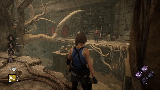 In-game scene from Dead by Daylight on PC Steam, showing a survivor exploring a dimly lit, surreal library environment with twisted tree roots and scattered books. The tense multiplayer horror gameplay is evident. Purchase Dead by Daylight PC Steam CD Key at RushGame.co