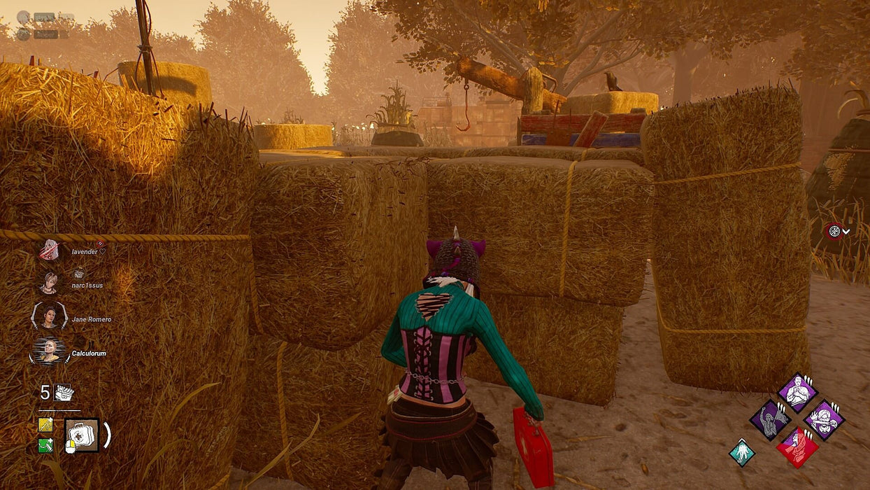 Gameplay screenshot: A survivor in Dead by Daylight on PC Steam hides behind a stack of hay bales in a rural map, clutching a first aid kit. The stealth and survival elements of the game are highlighted in this gameplay moment. Secure your Dead by Daylight PC Steam CD Key at RushGame.co