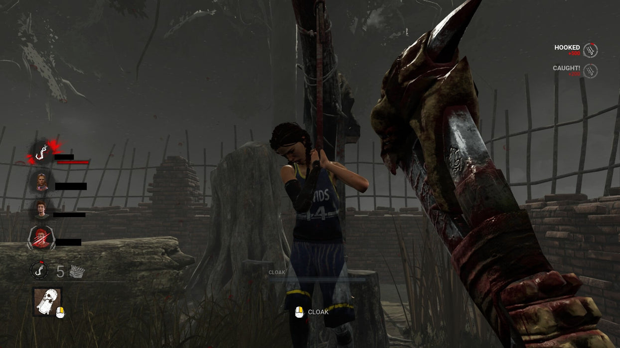 Gameplay screenshot from Dead by Daylight on PC Steam, showing a captured survivor struggling on a hook while the killer, armed with a bloodied weapon, stands nearby. The dark and eerie atmosphere enhances the horror survival experience. Get Dead by Daylight PC Steam CD Key at RushGame.co.