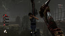 Gameplay screenshot from Dead by Daylight on PC Steam, showing a captured survivor struggling on a hook while the killer, armed with a bloodied weapon, stands nearby. The dark and eerie atmosphere enhances the horror survival experience. Get Dead by Daylight PC Steam CD Key at RushGame.co.