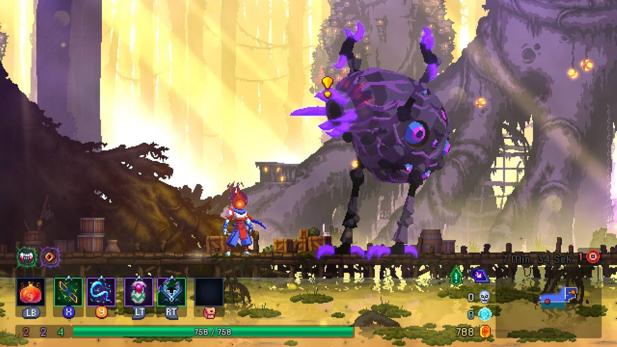 Gameplay screenshot: A tense battle scene in Dead Cells, where the player faces a massive, purple multi-eyed boss in a mystical forest bathed in golden light. Fast-paced combat and skillful dodging define this intense rogue-lite gameplay. Buy Dead Cells on PC Steam now at RushGame.co and challenge formidable enemies 