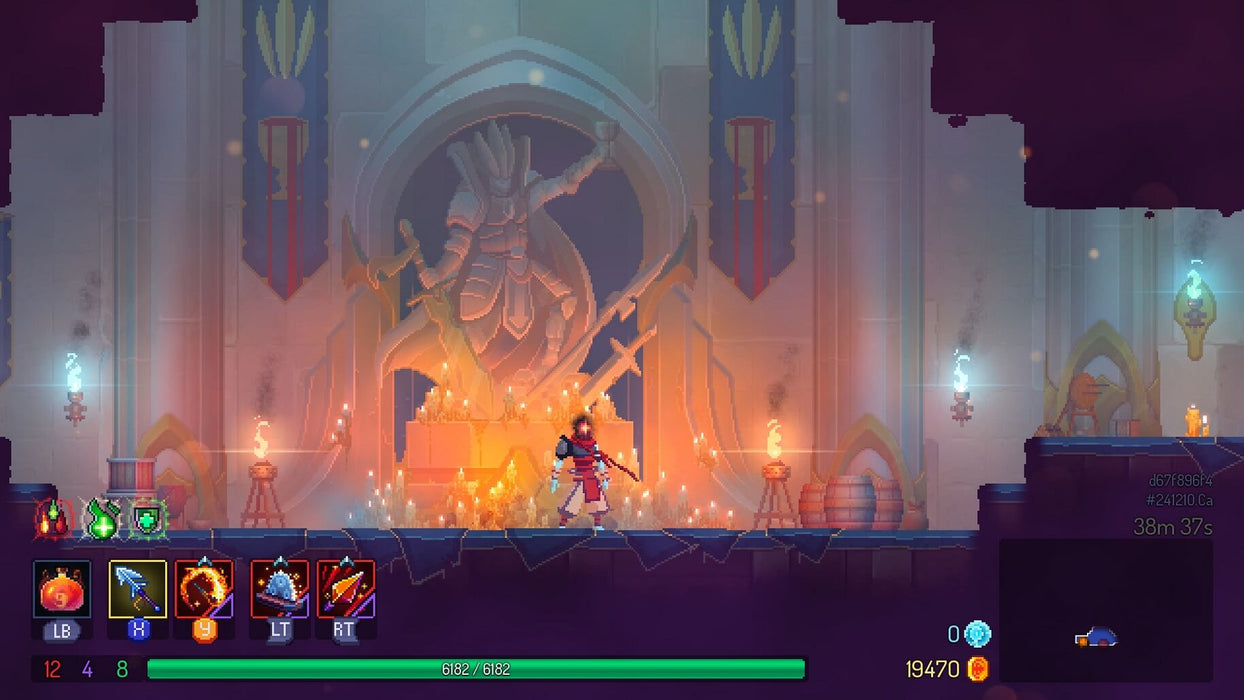 The protagonist of Dead Cells stands in a grand throne room, surrounded by flickering candles and an imposing statue of a warrior. The dramatic lighting and rich pixel art design create an epic atmosphere. Get Dead Cells on PC Steam from RushGame.co and experience this thrilling rogue-lite world