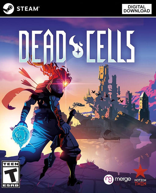 The cover art of Dead Cells for PC Steam, featuring a stylized protagonist with flaming hair holding a glowing orb, standing against a castle and a vibrant sunset. The dynamic composition highlights the action-packed rogue-lite experience. Buy Dead Cells for PC at RushGame.co and dive into this fast-paced adventure