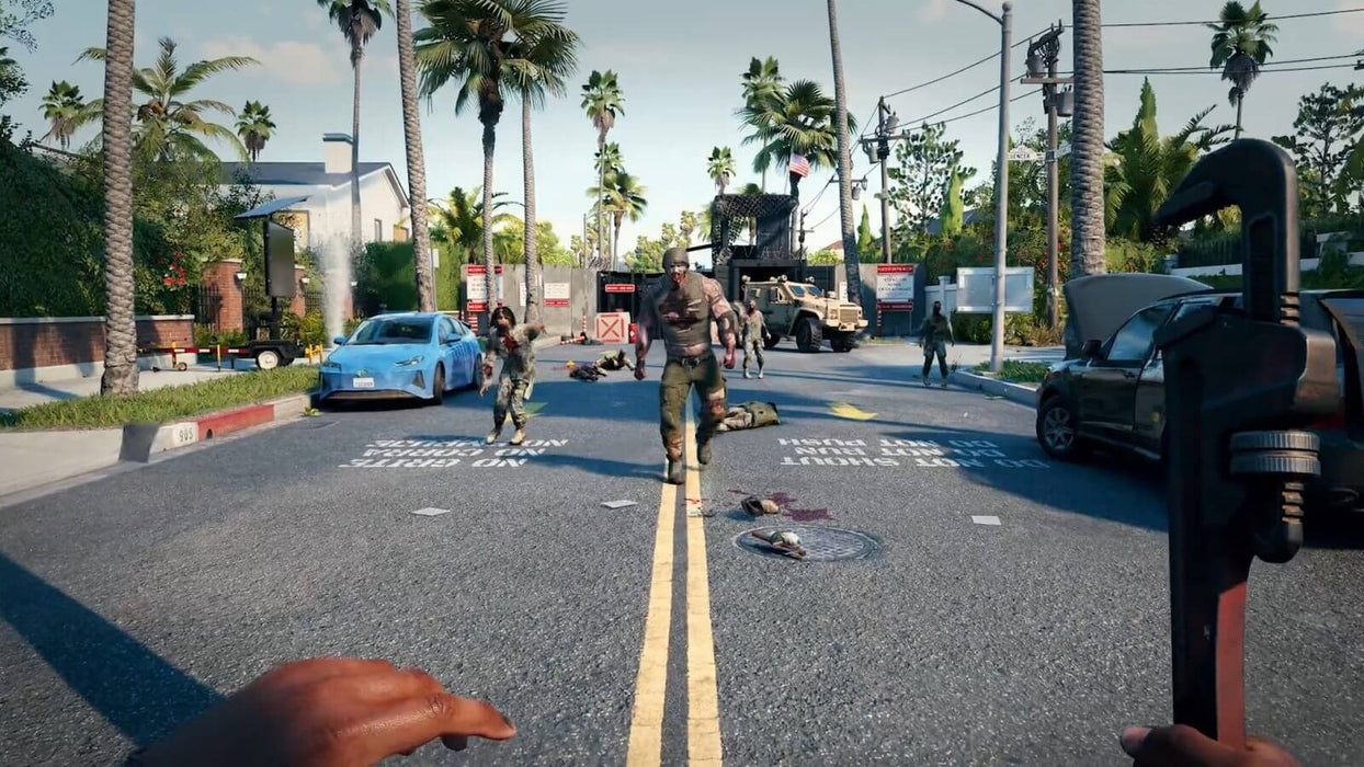 Dead Island 2 Gold Edition PC Screenshot - Zombie Attack in Suburbia – First-person view of a player wielding a large wrench as a horde of zombies approaches in a sunny California neighborhood, with palm trees and vehicles lining the street. Get your Dead Island 2 Steam key now at RushGame.co