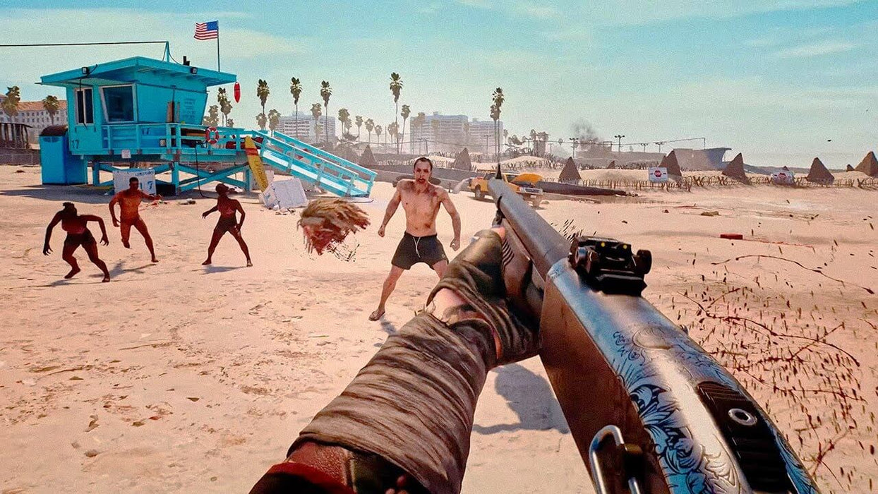 Dead Island 2 Gold Edition PC Screenshot - Beachfront Zombie Battle – A shotgun-wielding player confronts aggressive zombies near a lifeguard station on a sandy beach, capturing the game's intense combat and detailed environment. Buy your Steam key for Dead Island 2 at RushGame.co