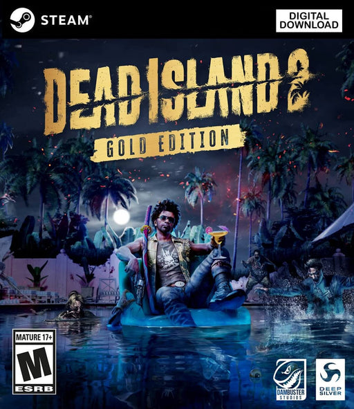 Dead Island 2 Gold Edition PC Steam CD Key Cover – The cover art for Dead Island 2 Gold Edition on PC (Steam), featuring a survivor lounging on an inflatable float in a zombie-infested pool at night, holding a cocktail while chaos unfolds behind him. Available for instant purchase at RushGame.co