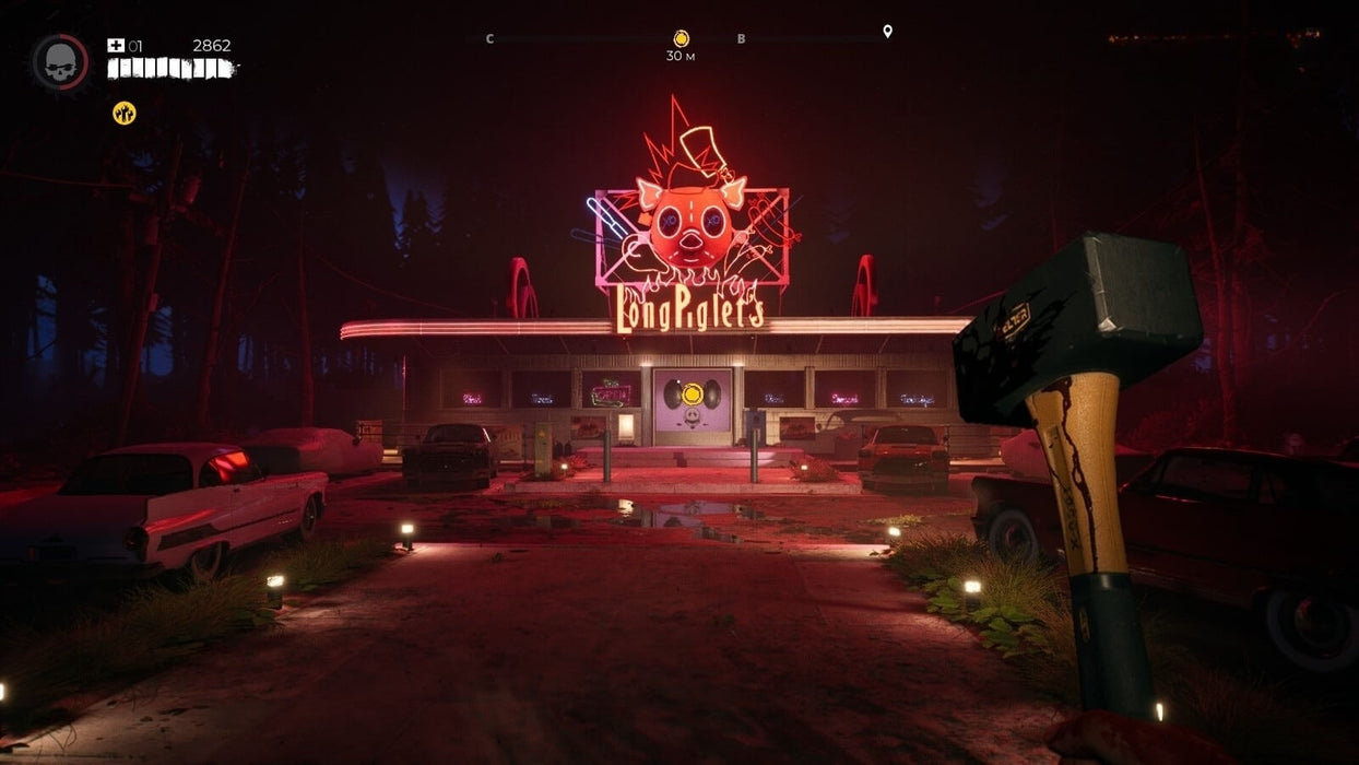 Dead Island 2 gameplay screenshot – neon-lit diner at night – A dark and eerie scene featuring a neon-lit diner named "Long Piglets," with a player holding a massive blood-stained hammer, ready to face lurking threats. Secure your Dead Island 2 activation key at RushGame.co