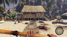 Gameplay screenshot: A tense moment in Dead Island: Definitive Collection, where the player approaches a small wooden hut on a bloodstained beach with "Need Help!" written in red on the wall. Corpses and signs of struggle are scattered across the area. Buy Dead Island: Definitive Collection Xbox One CD Key at RushGame.co and fight for survival in a paradise turned nightmare.