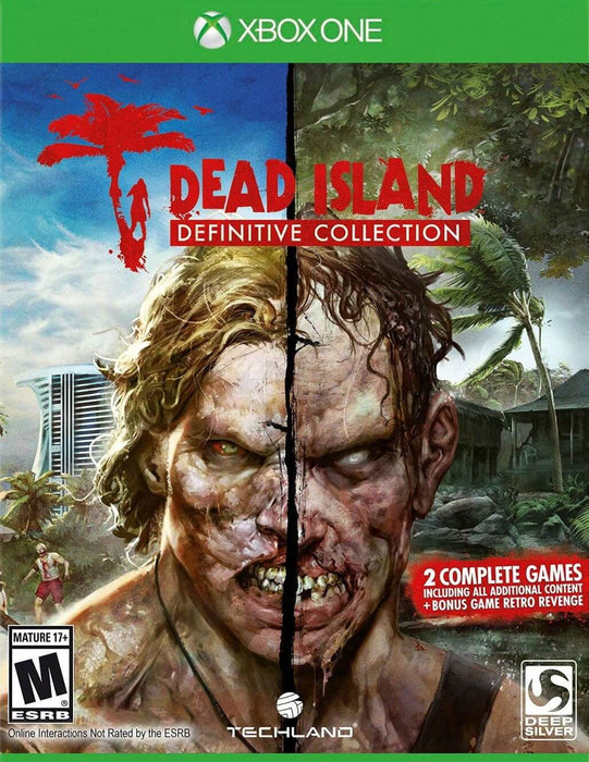 Cover art for Dead Island: Definitive Collection on Xbox One, featuring a split-face design with a human on one side and a grotesque zombie on the other. The game includes two complete titles with all additional content. Get Dead Island: Definitive Collection Xbox One CD Key now at RushGame.co for a thrilling zombie apocalypse adventure