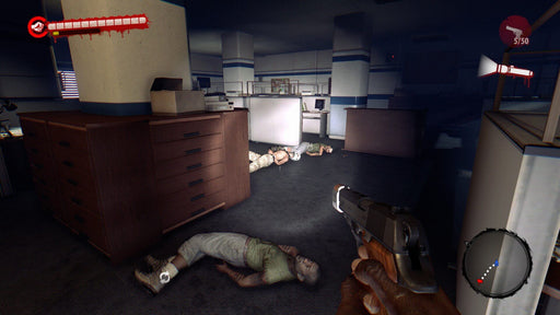 Gameplay screenshot from Dead Island Definitive Edition, showing a player exploring an abandoned office with lifeless bodies on the floor, flashlight in hand, adding to the eerie survival horror atmosphere. Purchase your digital key at RushGame.co