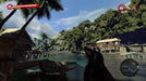 A scenic view from Dead Island Definitive Edition, depicting a first-person perspective of a player holding a pistol while overlooking a tropical waterfront village, capturing the survival horror experience. Get your Steam key at RushGame.co