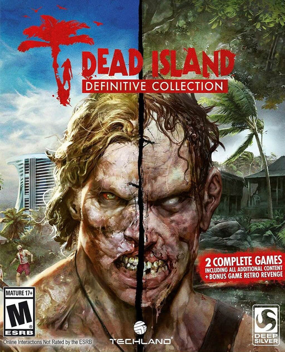 Cover art of Dead Island Definitive Collection for PC Steam, featuring a split-face design of a survivor turning into a zombie, symbolizing the game's brutal zombie apocalypse setting. Available as a digital game key at RushGame.co