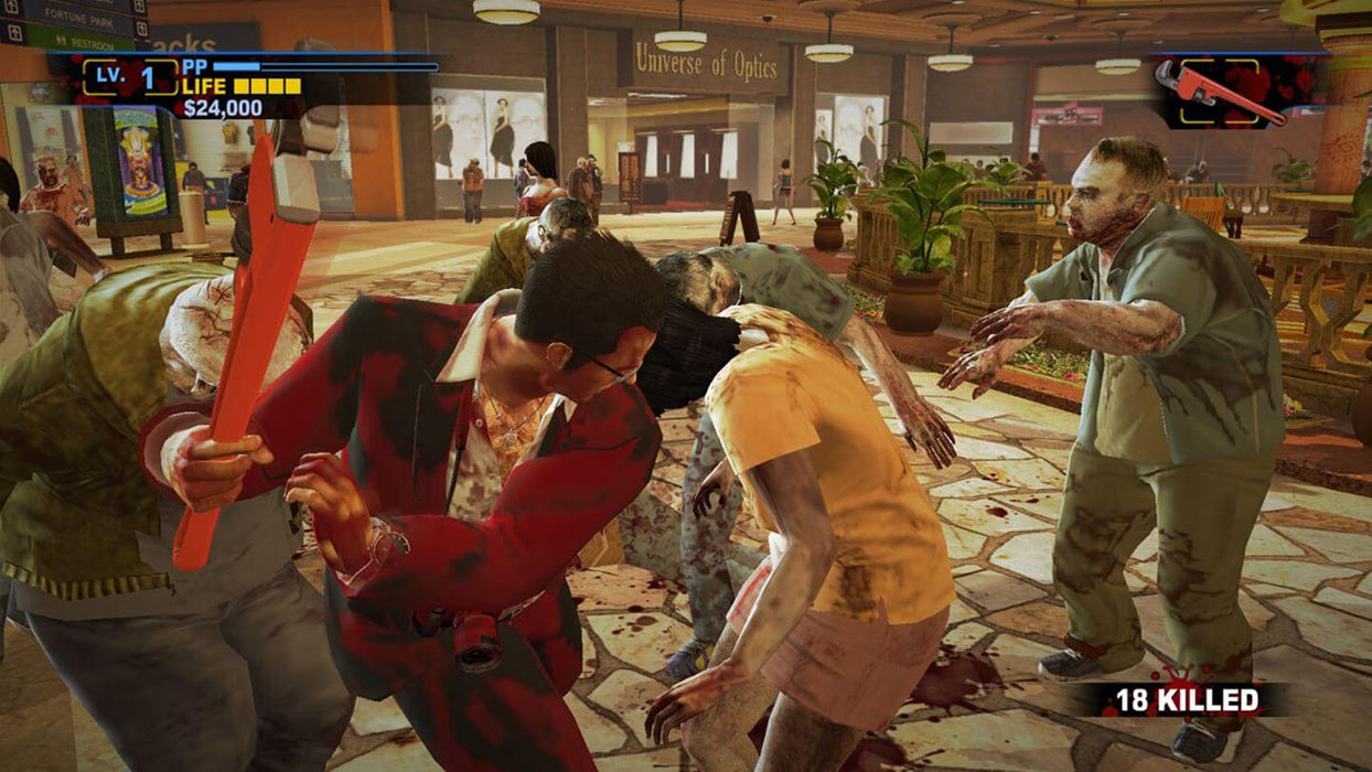 Dead Rising 2 PC Gameplay – Melee Combat in the Mall – Intense in-game screenshot of a player character dressed in a red suit smashing zombies with a giant wrench in a shopping mall. The interface shows the number of zombies killed, highlighting the fast-paced action and survival mechanics. Get your Dead Rising 2 Steam key at RushGame.co